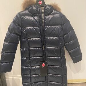 COLMAR Navy Long Kids Puffer Coat with Fur-Trim Hood